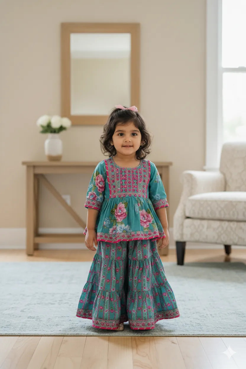 Teal Floral Sharara Set