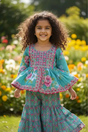 Teal Floral Sharara Set