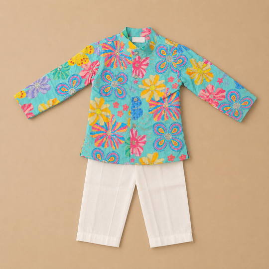 Aqua Blue Floral Kurta Pajama Set