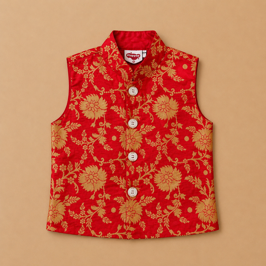 3-Piece Red Brocade Kurta Pajama Set