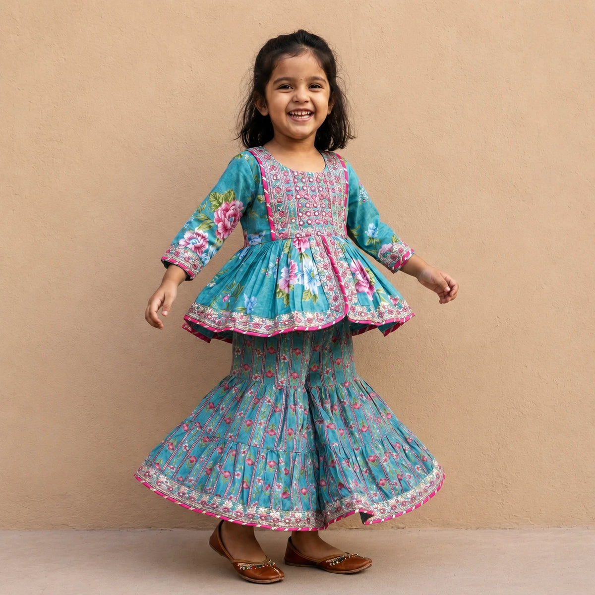 Teal Floral Sharara Set