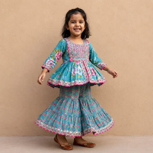 Teal Floral Sharara Set