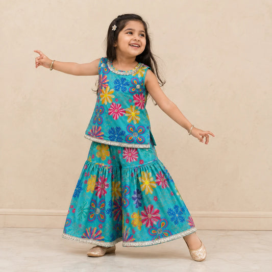 Aqua Blue Sleeveless Sharara Set