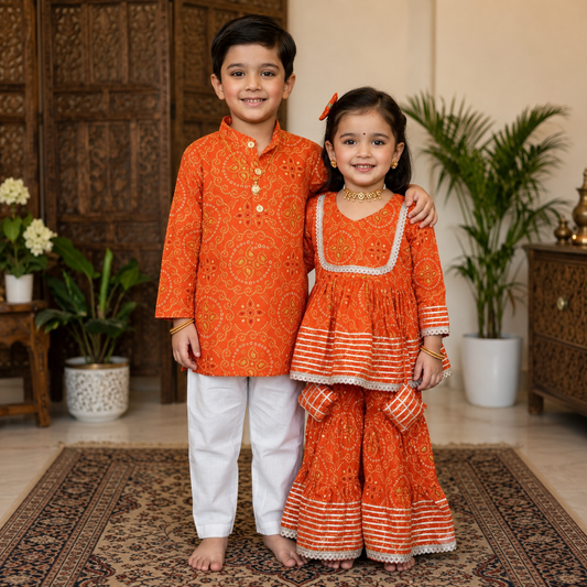Boy Orange Bandhni Kurta & Pant