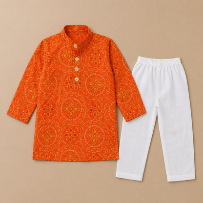 Boy Orange Bandhni Kurta & Pant