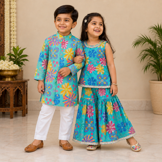 Aqua Blue Floral Kurta Pajama Set