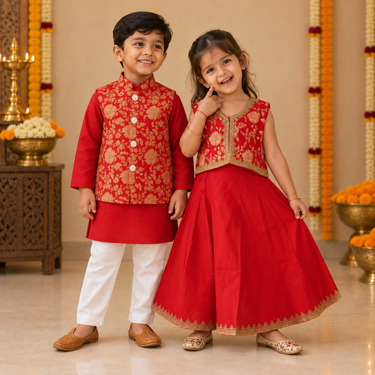 3-Piece Red Brocade Kurta Pajama Set