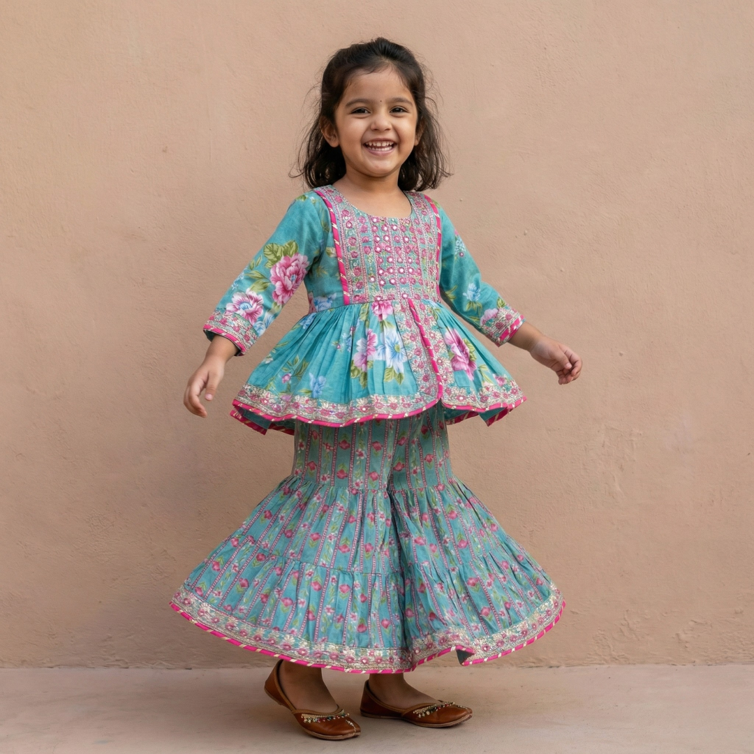 Teal Floral Sharara Set