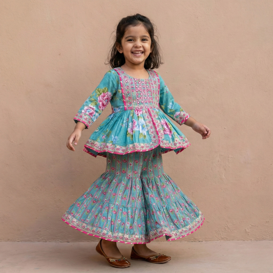 Teal Floral Sharara Set